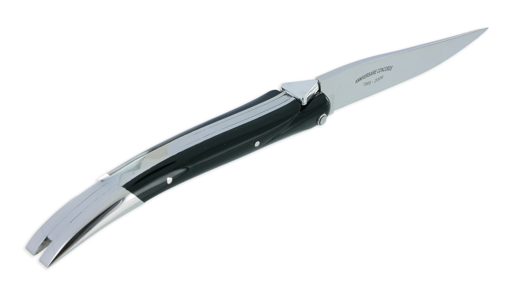 Couteau Laguiole en Aubrac Origine CONCORDE Anniversaire 1 Mitre Corian Noir Finition Brillante