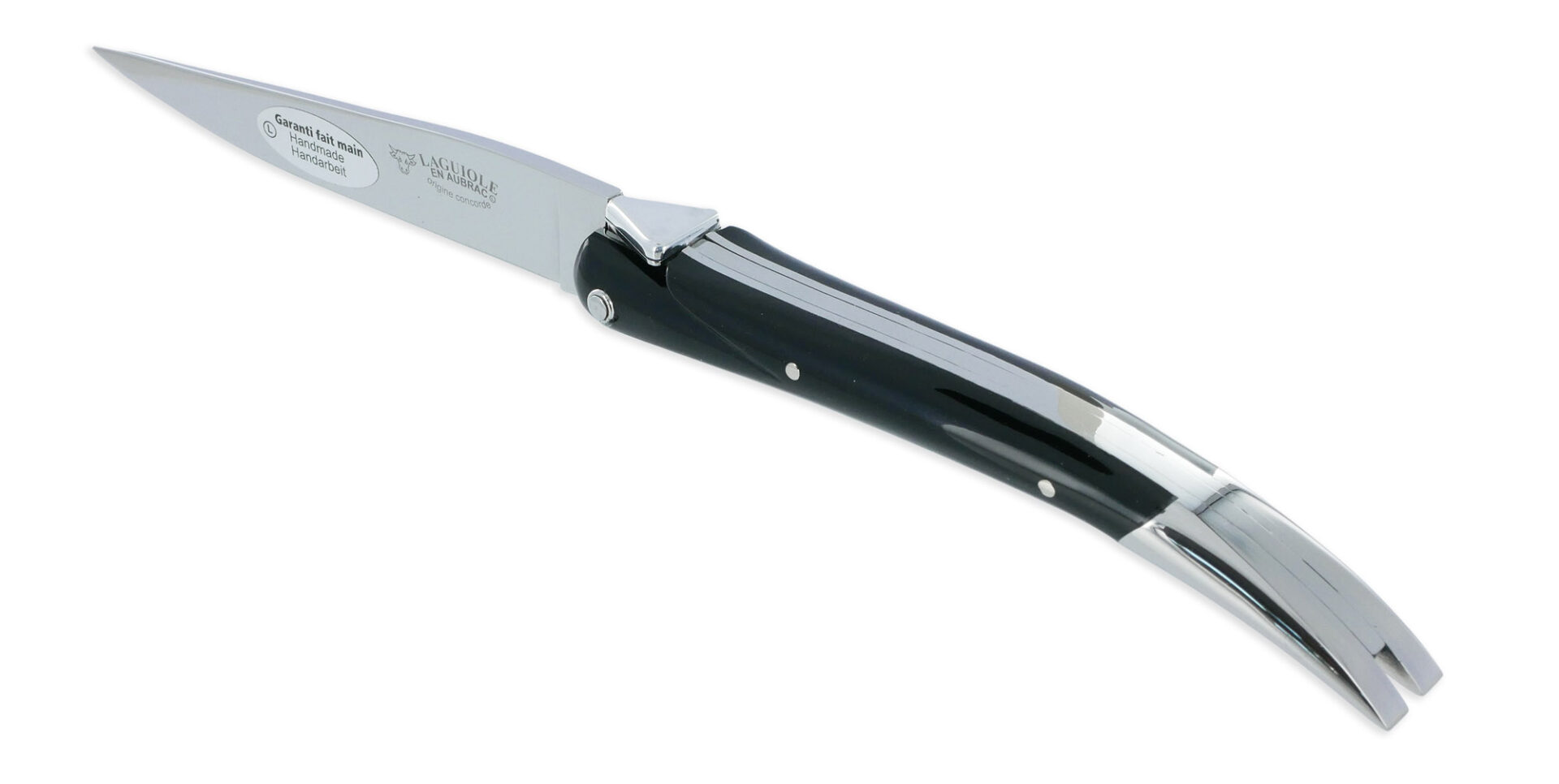 Couteau Laguiole en Aubrac Origine CONCORDE Anniversaire 1 Mitre Corian Noir Finition Brillante