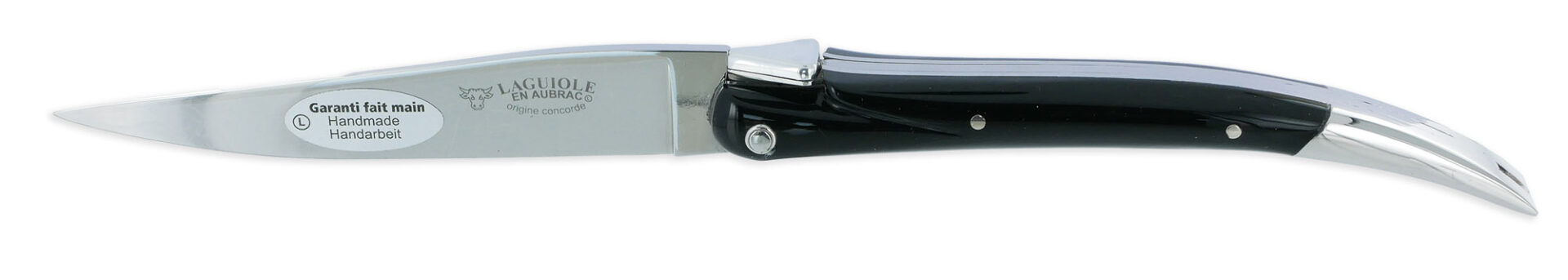 Couteau Laguiole en Aubrac Origine CONCORDE Anniversaire 1 Mitre Corian Noir Finition Brillante