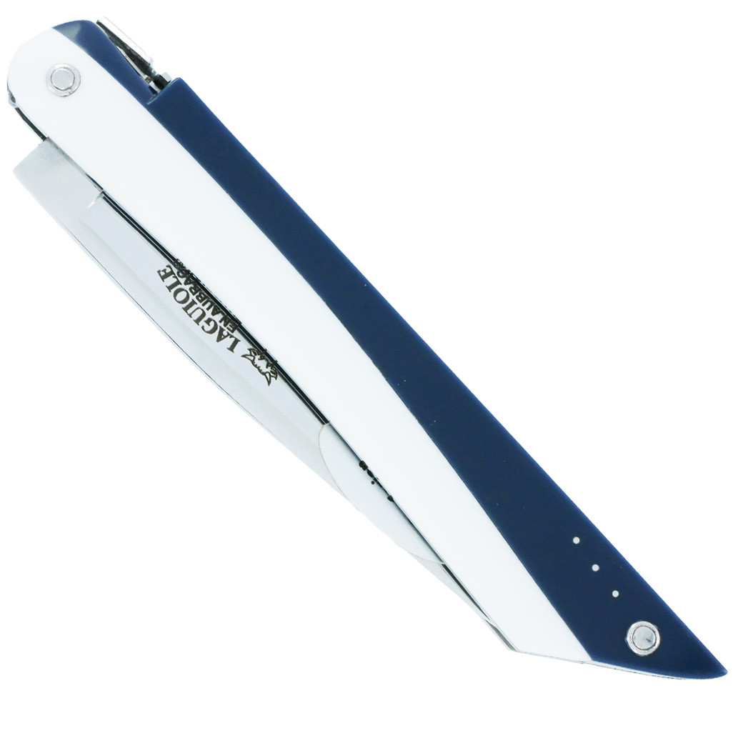 Couteau Laguiole en Aubrac Origine Paquebot FRANCE Plein Manche 12cm Corian Blanc et Bleu