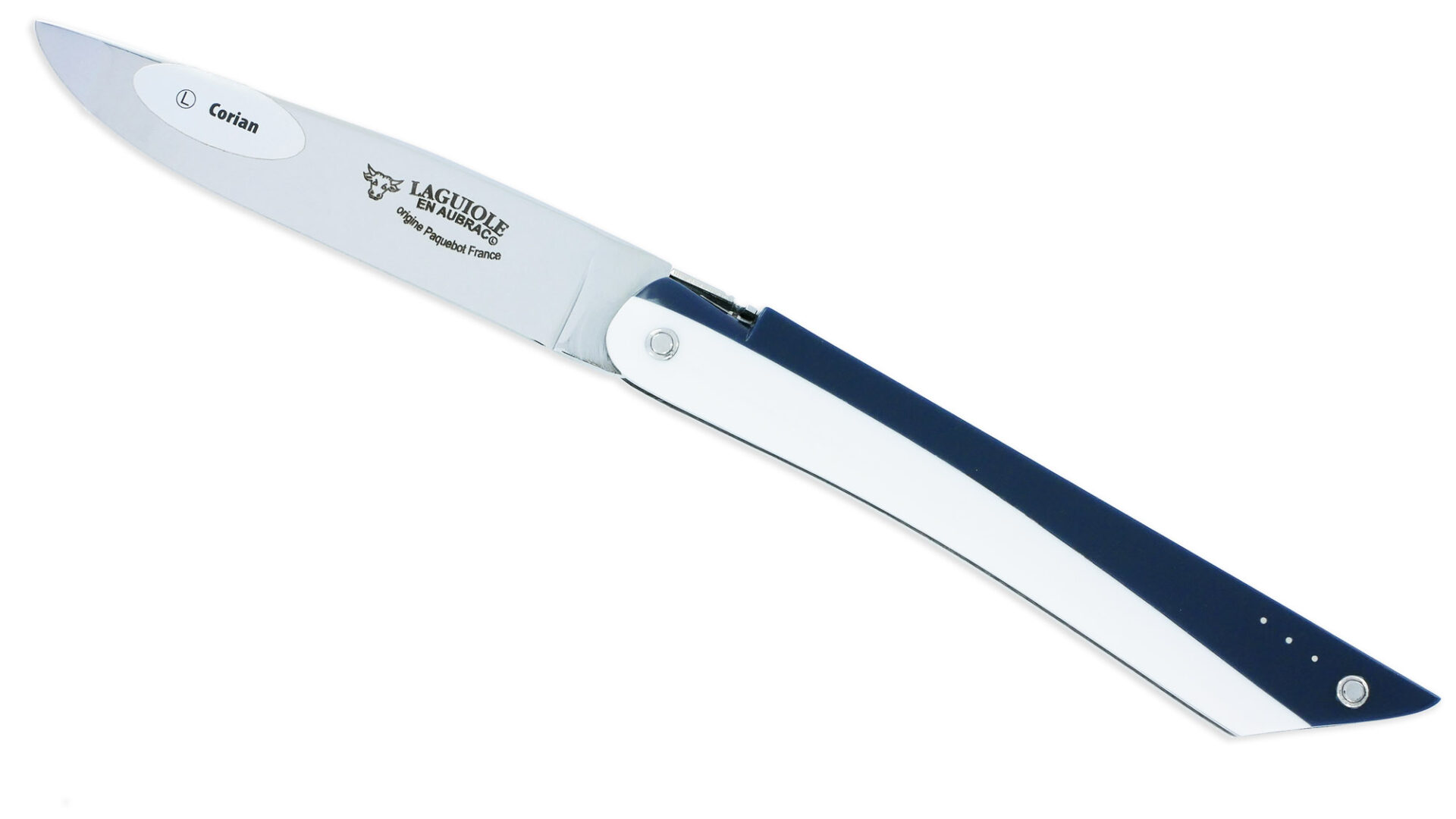 Couteau Laguiole en Aubrac Origine Paquebot FRANCE Plein Manche 12cm Corian Blanc et Bleu