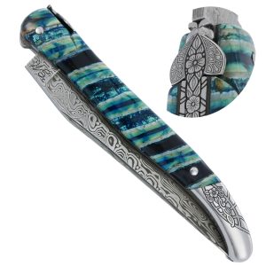 Couteau Laguiole Prestige Créateur 1 Pièce 12 cm Mitre Arrière Manche Molaire de Mammouth Turquoise Lame Damas Pièce Unique
