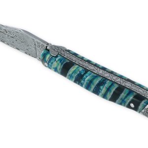 Couteau Laguiole Prestige Créateur 1 Pièce 12 cm Mitre Arrière Manche Molaire de Mammouth Turquoise Lame Damas Pièce Unique