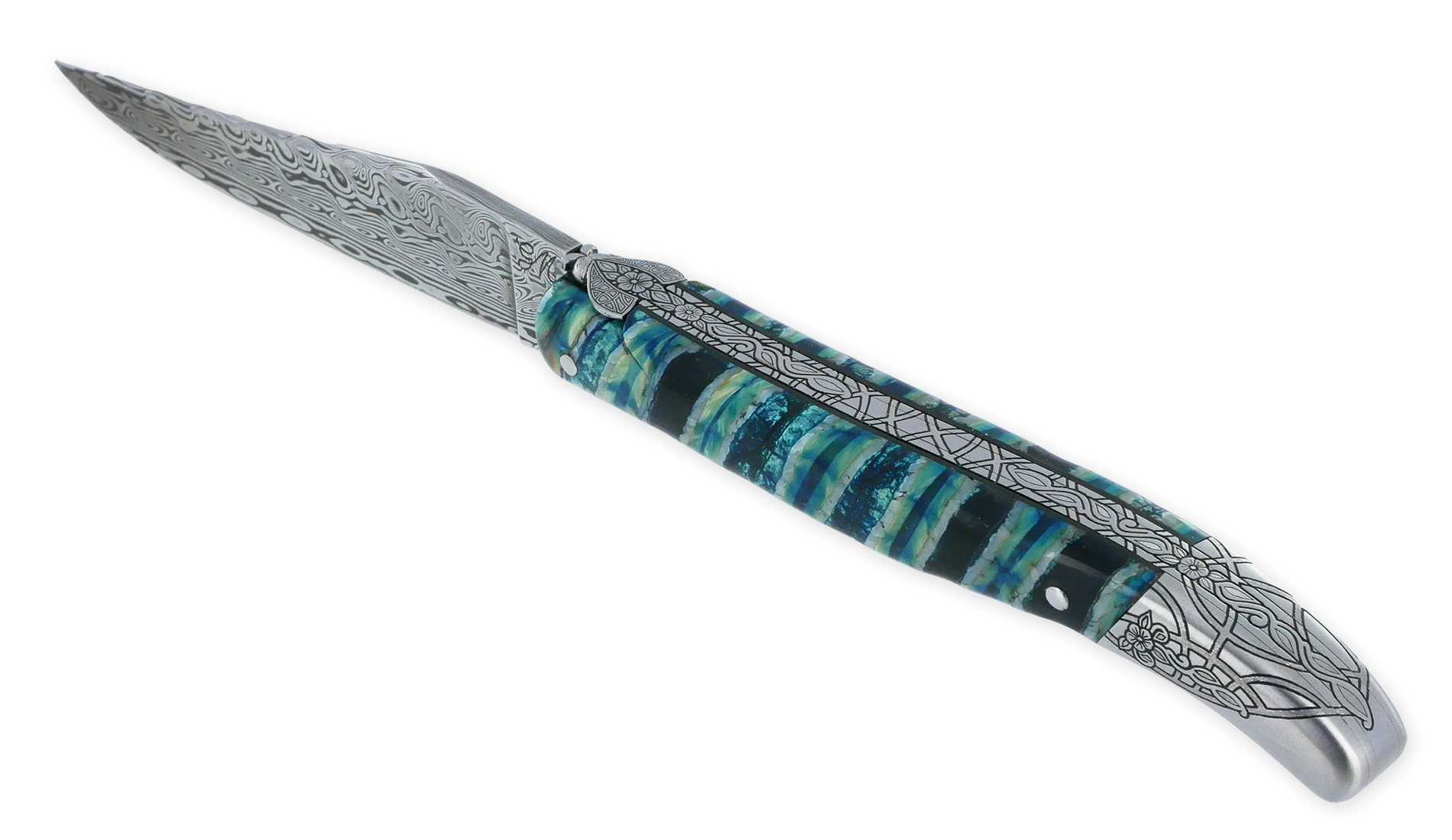Couteau Laguiole Prestige Créateur 1 Pièce 12 cm Mitre Arrière Manche Molaire de Mammouth Turquoise Lame Damas Pièce Unique