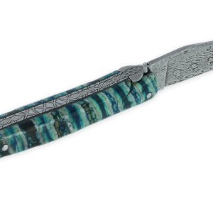 Couteau Laguiole Prestige Créateur 1 Pièce 12 cm Mitre Arrière Manche Molaire de Mammouth Turquoise Lame Damas Pièce Unique