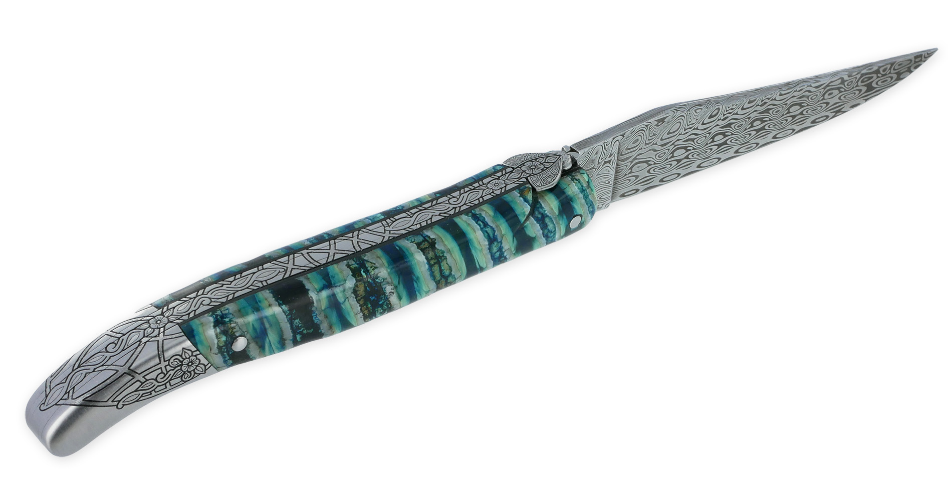 Couteau Laguiole Prestige Créateur 1 Pièce 12 cm Mitre Arrière Manche Molaire de Mammouth Turquoise Lame Damas Pièce Unique