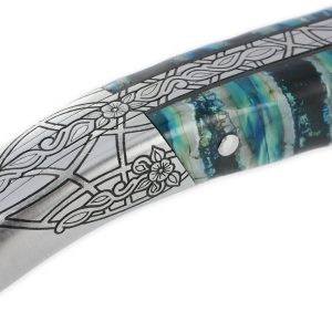 Couteau Laguiole Prestige Créateur 1 Pièce 12 cm Mitre Arrière Manche Molaire de Mammouth Turquoise Lame Damas Pièce Unique