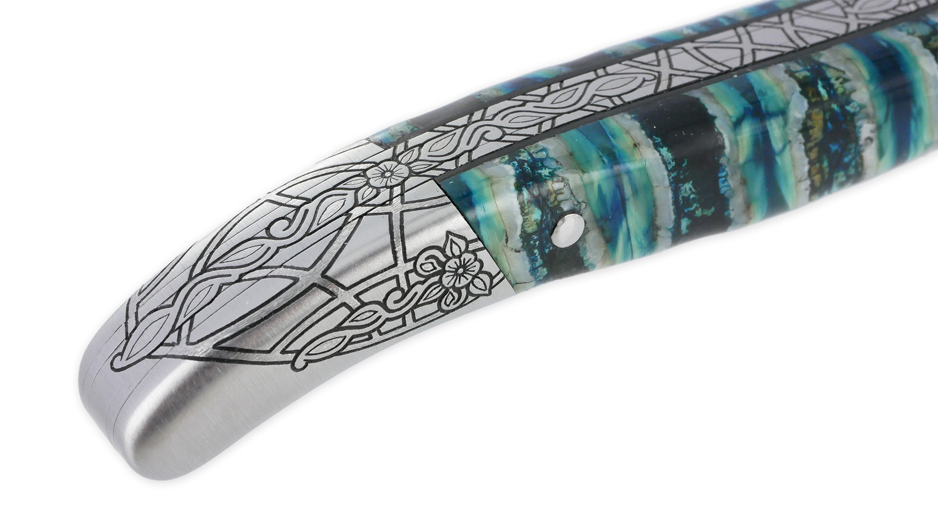 Couteau Laguiole Prestige Créateur 1 Pièce 12 cm Mitre Arrière Manche Molaire de Mammouth Turquoise Lame Damas Pièce Unique