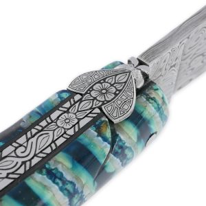 Couteau Laguiole Prestige Créateur 1 Pièce 12 cm Mitre Arrière Manche Molaire de Mammouth Turquoise Lame Damas Pièce Unique