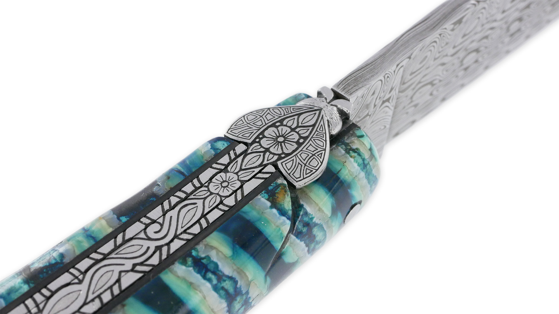 Couteau Laguiole Prestige Créateur 1 Pièce 12 cm Mitre Arrière Manche Molaire de Mammouth Turquoise Lame Damas Pièce Unique