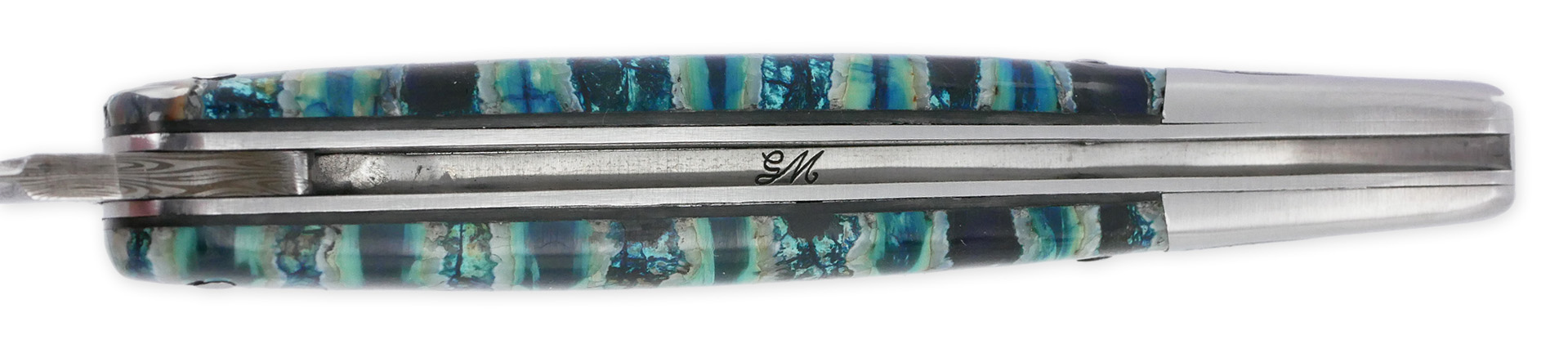 Couteau Laguiole Prestige Créateur 1 Pièce 12 cm Mitre Arrière Manche Molaire de Mammouth Turquoise Lame Damas Pièce Unique
