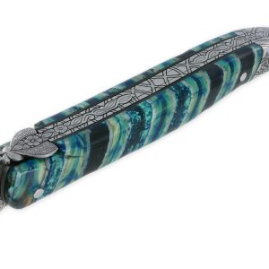 Couteau Laguiole Prestige Créateur 1 Pièce 12 cm Mitre Arrière Manche Molaire de Mammouth Turquoise Lame Damas Pièce Unique