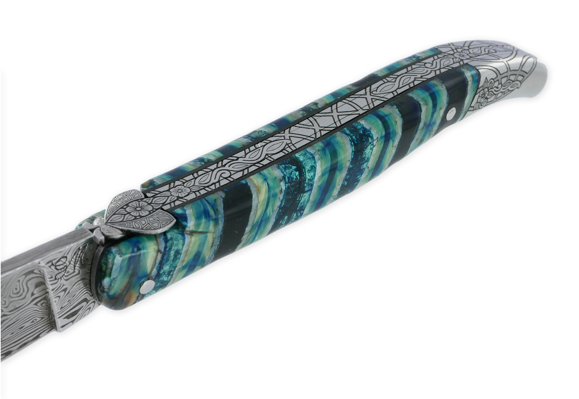 Couteau Laguiole Prestige Créateur 1 Pièce 12 cm Mitre Arrière Manche Molaire de Mammouth Turquoise Lame Damas Pièce Unique