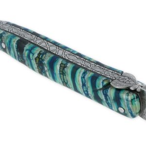 Couteau Laguiole Prestige Créateur 1 Pièce 12 cm Mitre Arrière Manche Molaire de Mammouth Turquoise Lame Damas Pièce Unique