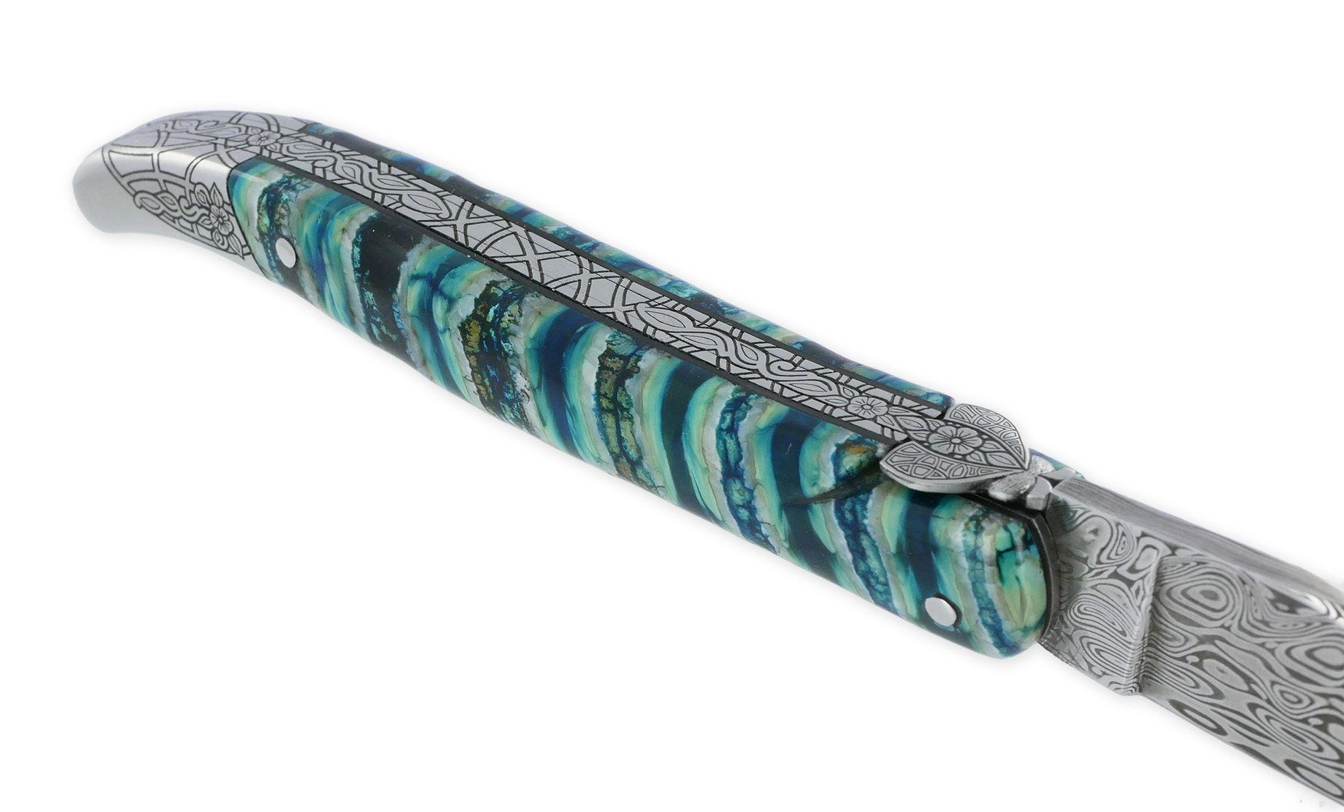 Couteau Laguiole Prestige Créateur 1 Pièce 12 cm Mitre Arrière Manche Molaire de Mammouth Turquoise Lame Damas Pièce Unique