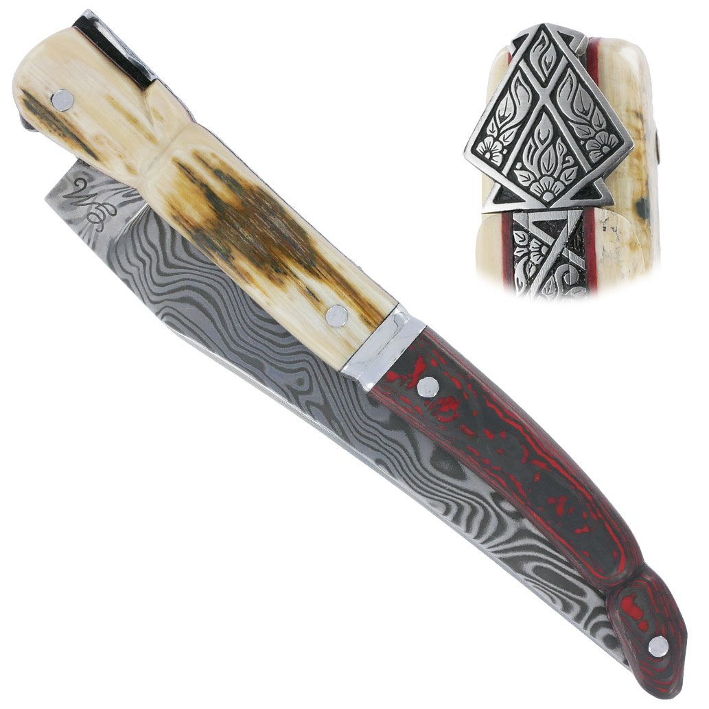 Couteau Laguiole Prestige Créateur 1 Pièce 13 cm Plein Manche en Ivoire de Mammouth et Carbone Lame Damas Pièce Unique