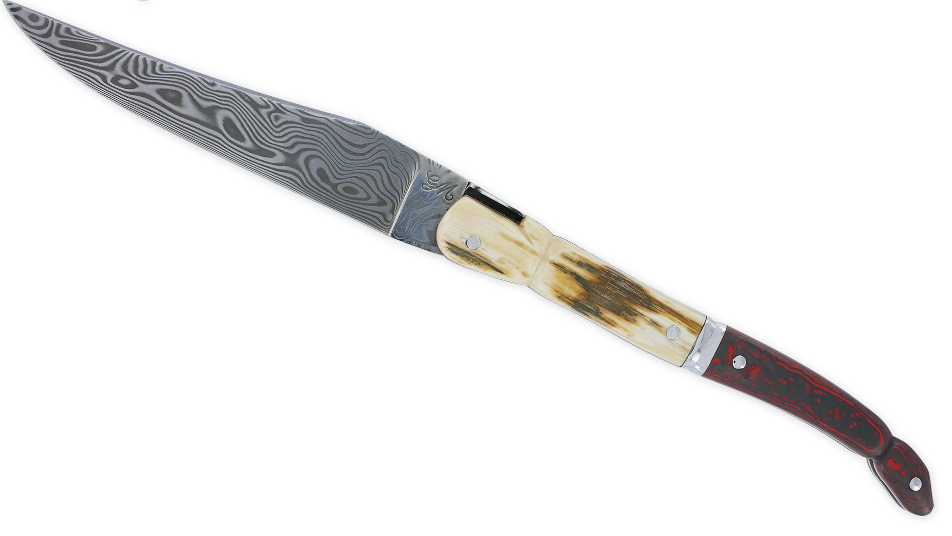 Couteau Laguiole Prestige Créateur 1 Pièce 13 cm Plein Manche en Ivoire de Mammouth et Carbone Lame Damas Pièce Unique