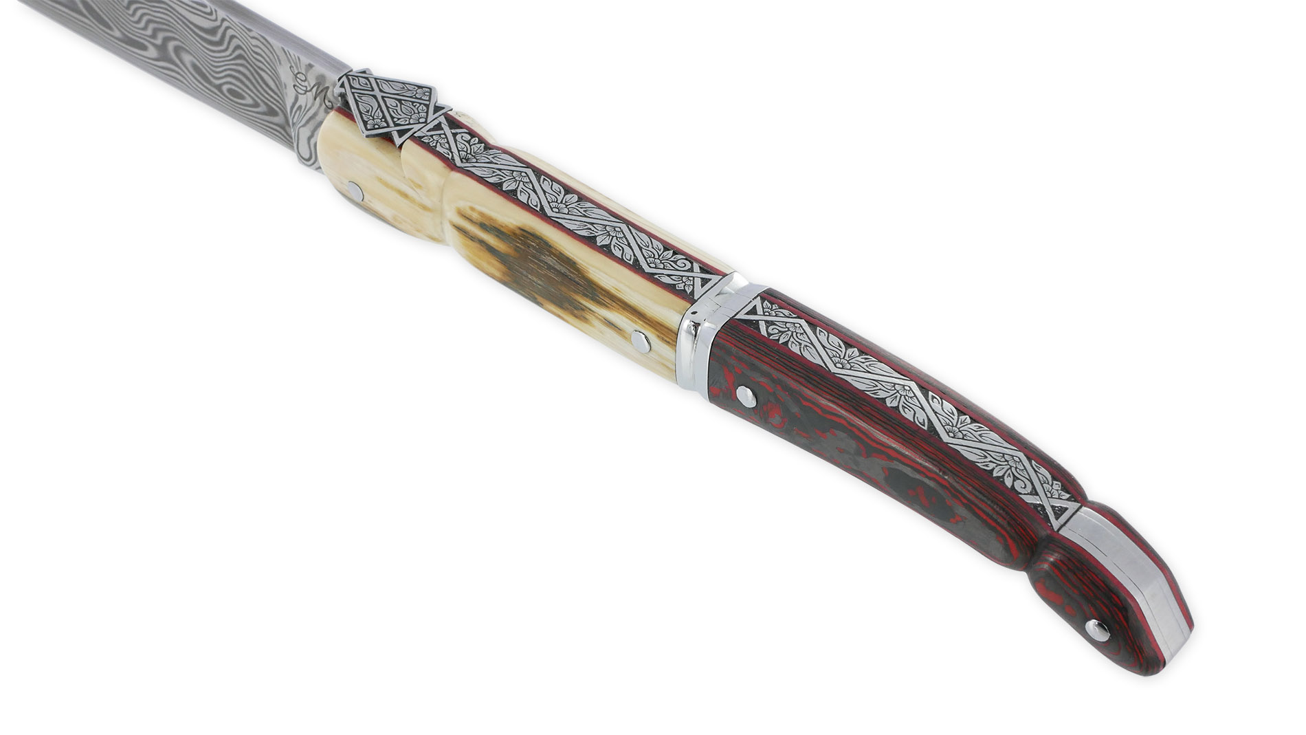 Couteau Laguiole Prestige Créateur 1 Pièce 13 cm Plein Manche en Ivoire de Mammouth et Carbone Lame Damas Pièce Unique