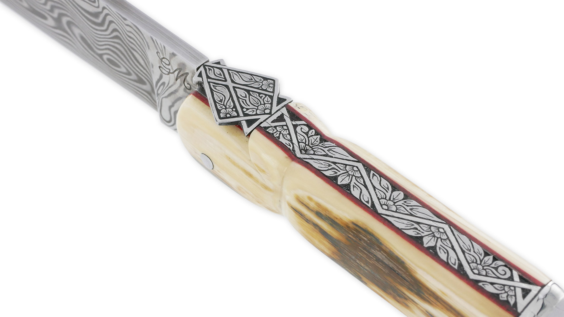 Couteau Laguiole Prestige Créateur 1 Pièce 13 cm Plein Manche en Ivoire de Mammouth et Carbone Lame Damas Pièce Unique