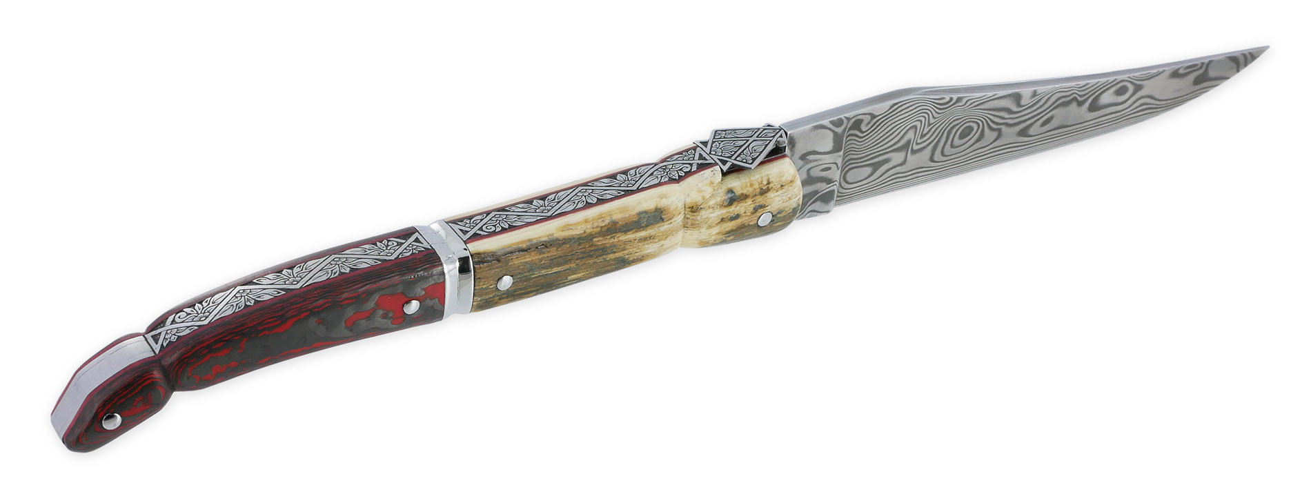 Couteau Laguiole Prestige Créateur 1 Pièce 13 cm Plein Manche en Ivoire de Mammouth et Carbone Lame Damas Pièce Unique