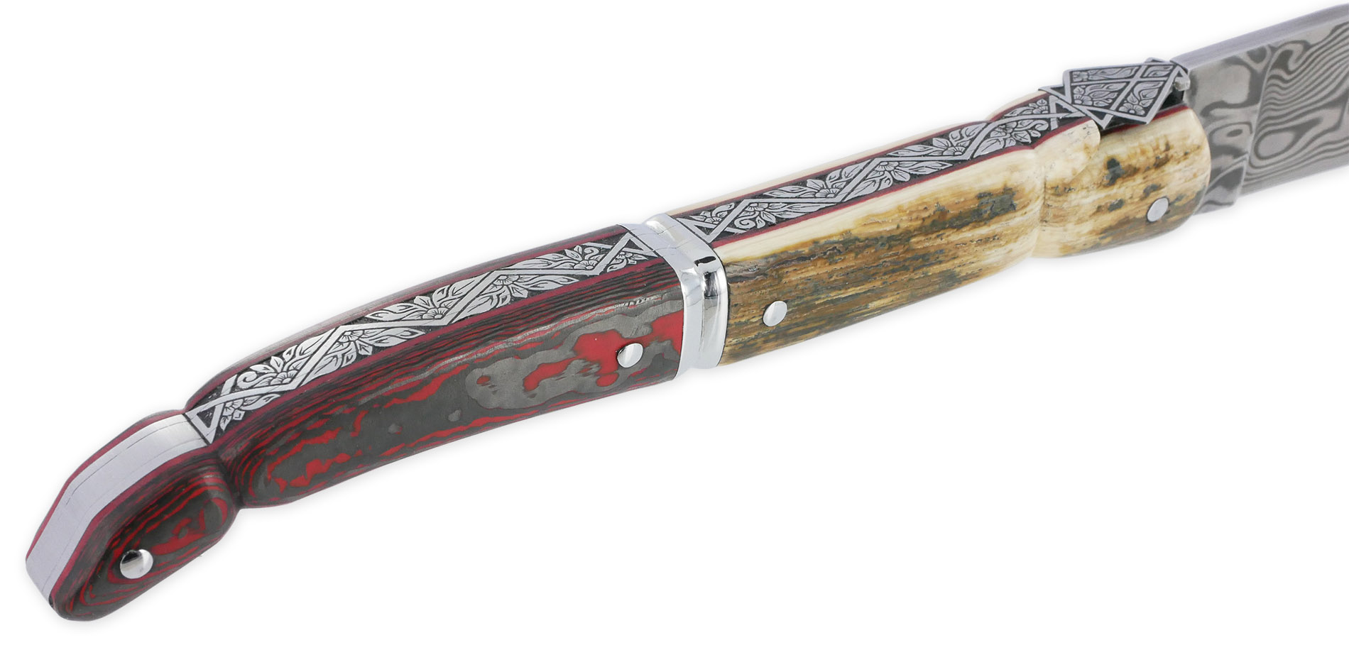 Couteau Laguiole Prestige Créateur 1 Pièce 13 cm Plein Manche en Ivoire de Mammouth et Carbone Lame Damas Pièce Unique