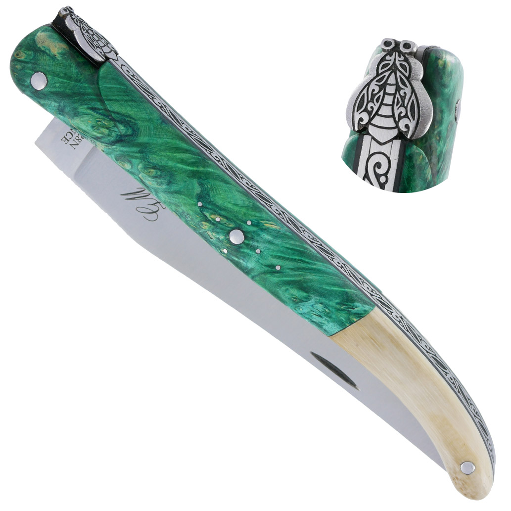 Couteau Laguiole Prestige Créateur 1 Pièce 13 cm Plein Manche Erable teinté Vert et Ivoire de Mammouth Pièce Unique