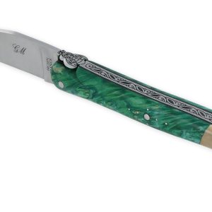 Couteau Laguiole Prestige Créateur 1 Pièce 13 cm Plein Manche Erable teinté Vert et Ivoire de Mammouth Pièce Unique
