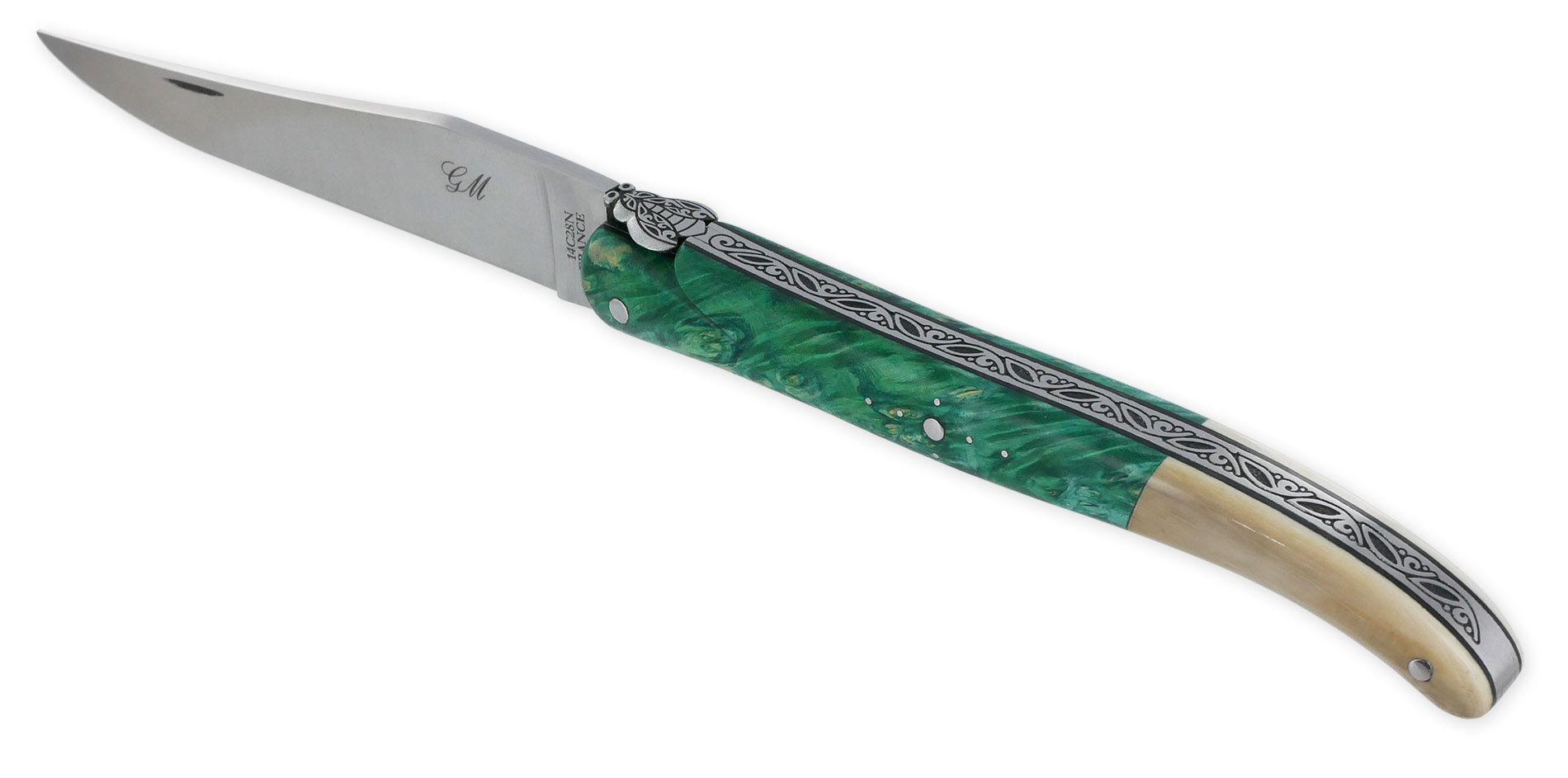 Couteau Laguiole Prestige Créateur 1 Pièce 13 cm Plein Manche Erable teinté Vert et Ivoire de Mammouth Pièce Unique