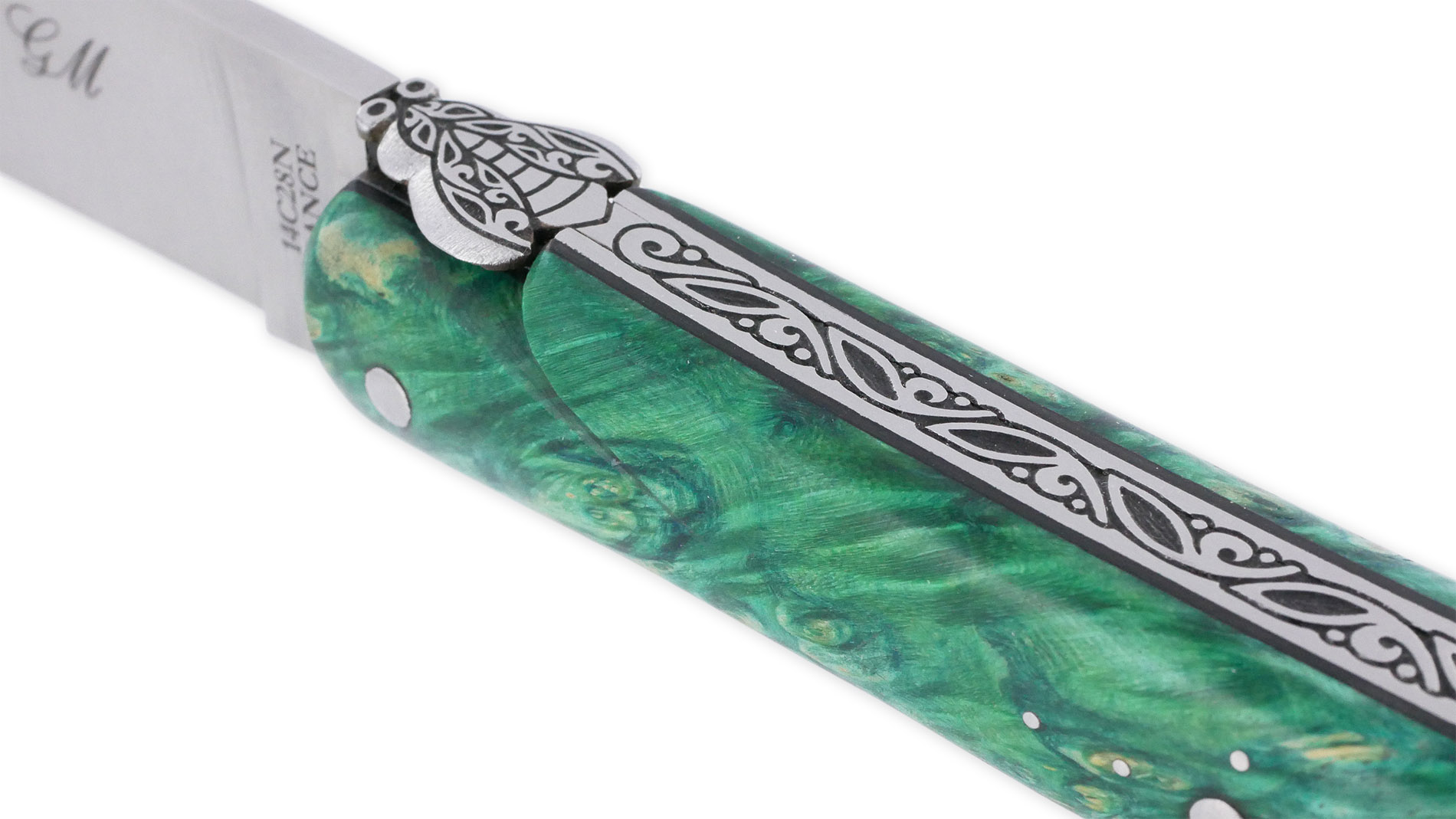 Couteau Laguiole Prestige Créateur 1 Pièce 13 cm Plein Manche Erable teinté Vert et Ivoire de Mammouth Pièce Unique
