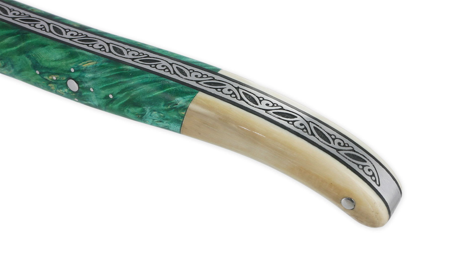 Couteau Laguiole Prestige Créateur 1 Pièce 13 cm Plein Manche Erable teinté Vert et Ivoire de Mammouth Pièce Unique