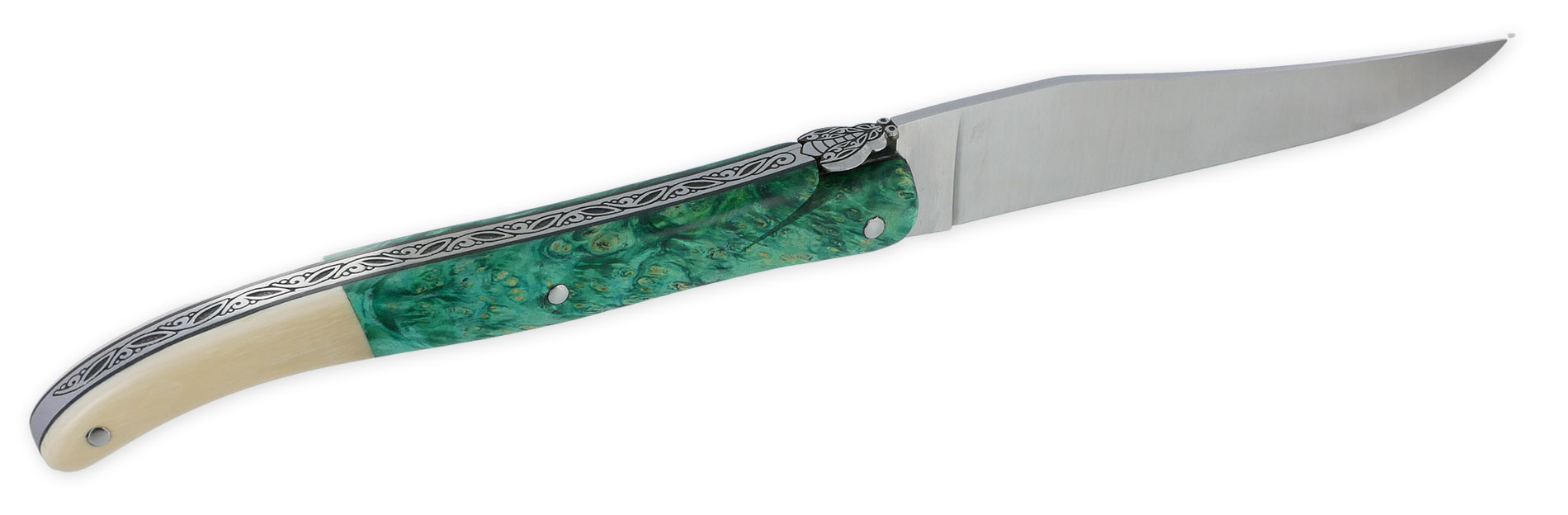 Couteau Laguiole Prestige Créateur 1 Pièce 13 cm Plein Manche Erable teinté Vert et Ivoire de Mammouth Pièce Unique