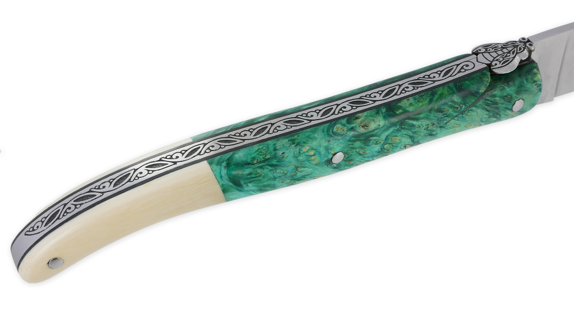 Couteau Laguiole Prestige Créateur 1 Pièce 13 cm Plein Manche Erable teinté Vert et Ivoire de Mammouth Pièce Unique