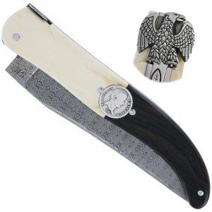 Couteau Laguiole Prestige Créateur 1 Pièce 15 cm Incrustation Monnaie Napoléon Plein Manche Bi Matière Ivoire de Mammouth et Ebène Lame Damas Mouche Prestige Aigle Impérial Pièce Unique