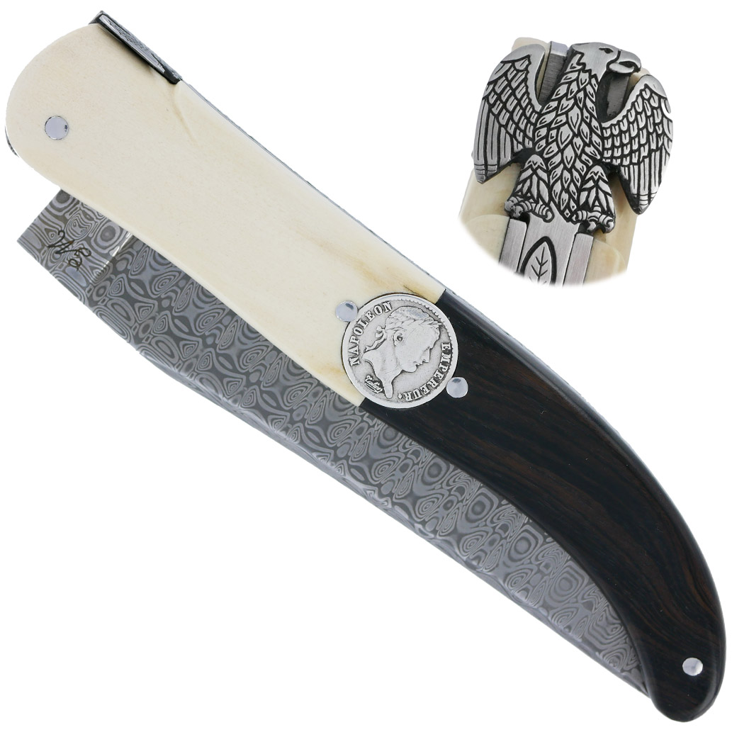 Couteau Laguiole Prestige Créateur 1 Pièce 15 cm Incrustation Monnaie Napoléon Plein Manche Bi Matière Ivoire de Mammouth et Ebène Lame Damas Mouche Prestige Aigle Impérial Pièce Unique