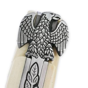 Couteau Laguiole Prestige Créateur 1 Pièce 15 cm Incrustation Monnaie Napoléon Plein Manche Bi Matière Ivoire de Mammouth et Ebène Lame Damas Mouche Prestige Aigle Impérial Pièce Unique
