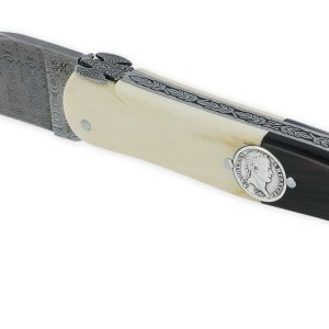 Couteau Laguiole Prestige Créateur 1 Pièce 15 cm Incrustation Monnaie Napoléon Plein Manche Bi Matière Ivoire de Mammouth et Ebène Lame Damas Mouche Prestige Aigle Impérial Pièce Unique