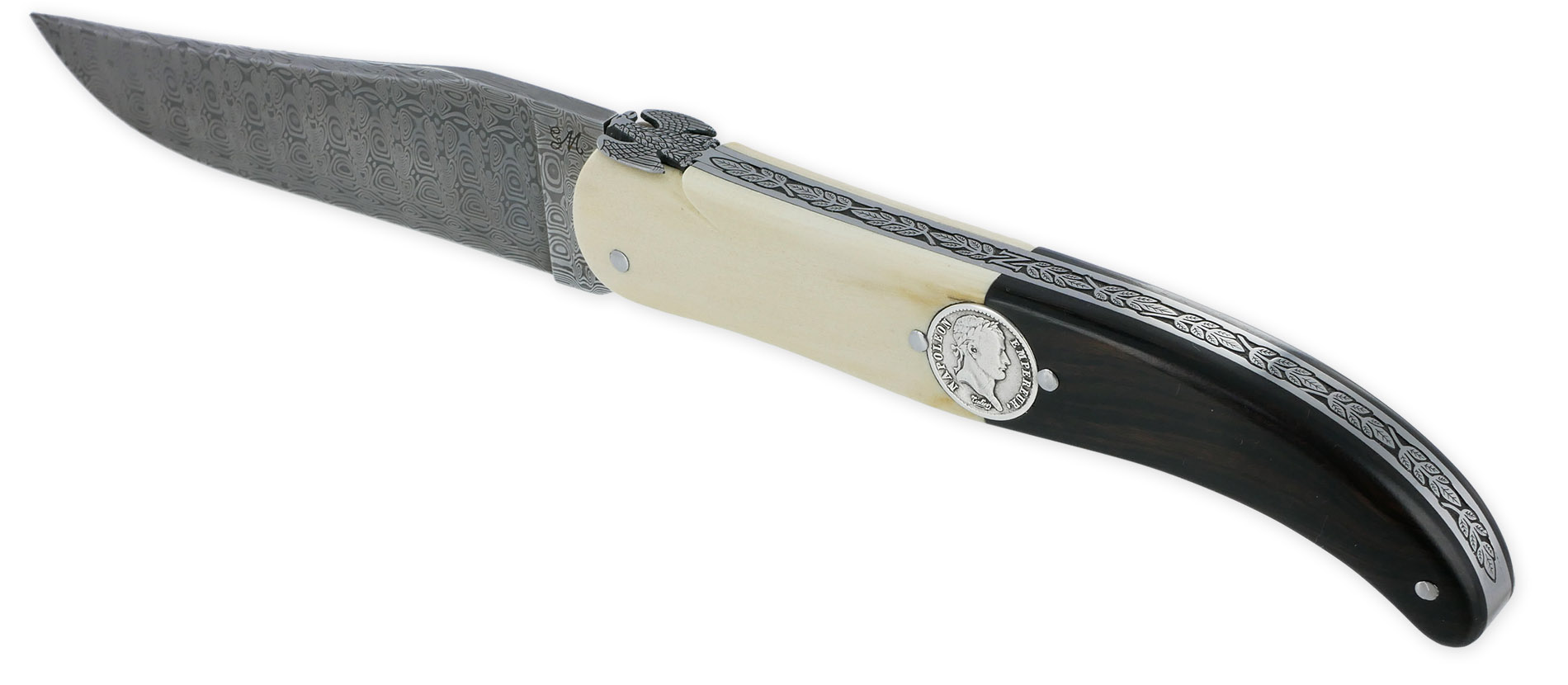 Couteau Laguiole Prestige Créateur 1 Pièce 15 cm Incrustation Monnaie Napoléon Plein Manche Bi Matière Ivoire de Mammouth et Ebène Lame Damas Mouche Prestige Aigle Impérial Pièce Unique