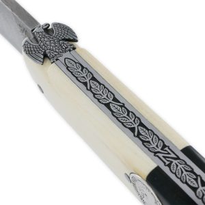 Couteau Laguiole Prestige Créateur 1 Pièce 15 cm Incrustation Monnaie Napoléon Plein Manche Bi Matière Ivoire de Mammouth et Ebène Lame Damas Mouche Prestige Aigle Impérial Pièce Unique