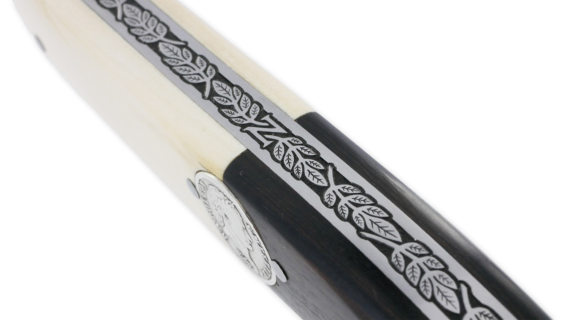Couteau Laguiole Prestige Créateur 1 Pièce 15 cm Incrustation Monnaie Napoléon Plein Manche Bi Matière Ivoire de Mammouth et Ebène Lame Damas Mouche Prestige Aigle Impérial Pièce Unique