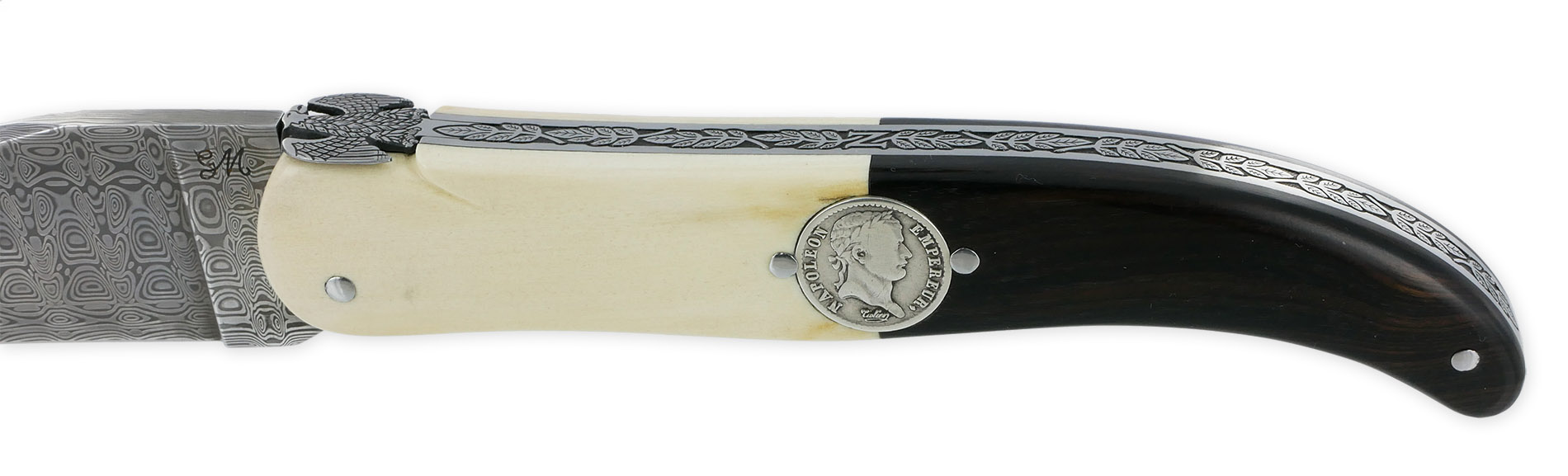 Couteau Laguiole Prestige Créateur 1 Pièce 15 cm Incrustation Monnaie Napoléon Plein Manche Bi Matière Ivoire de Mammouth et Ebène Lame Damas Mouche Prestige Aigle Impérial Pièce Unique