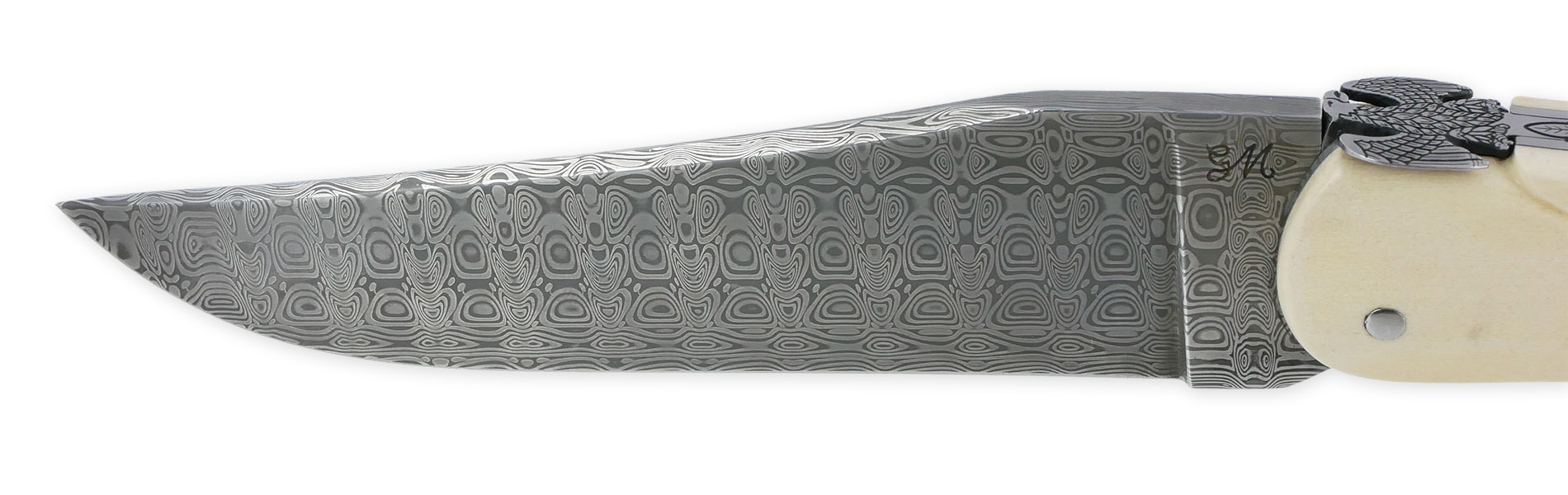 Couteau Laguiole Prestige Créateur 1 Pièce 15 cm Incrustation Monnaie Napoléon Plein Manche Bi Matière Ivoire de Mammouth et Ebène Lame Damas Mouche Prestige Aigle Impérial Pièce Unique
