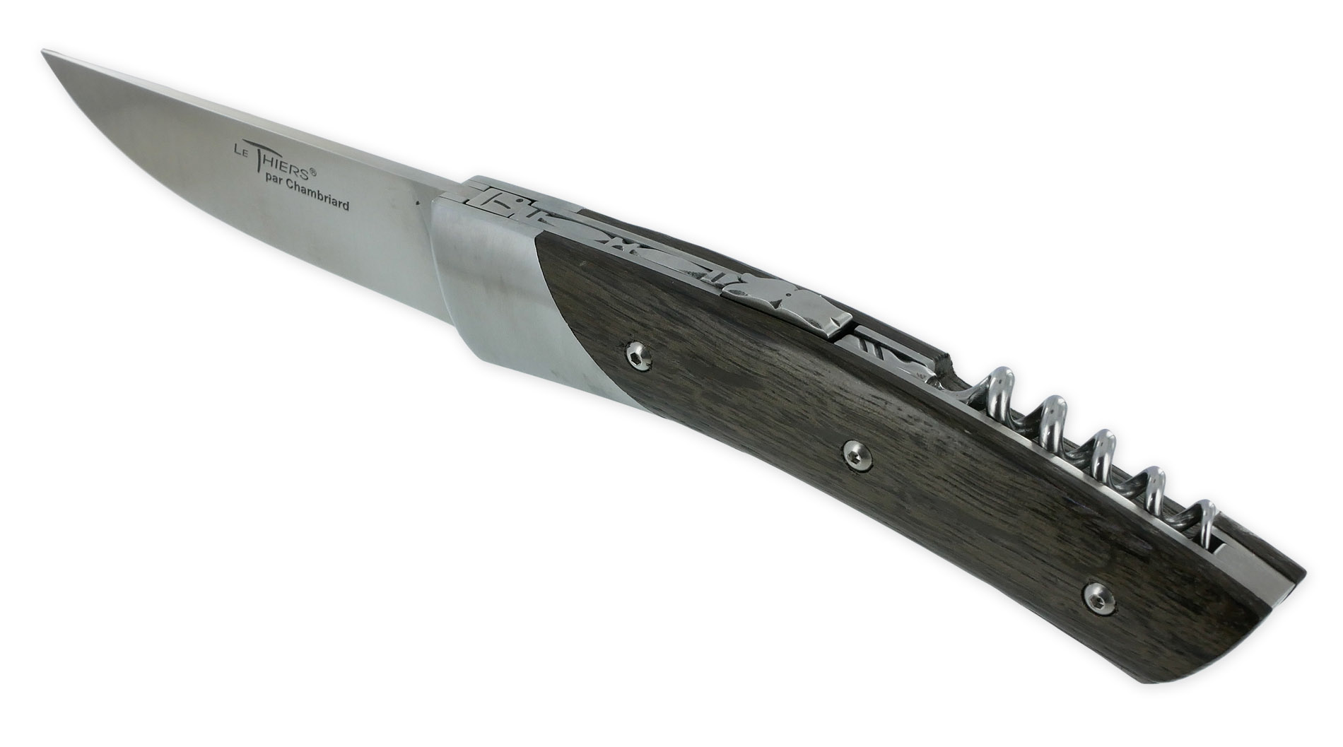 Couteau Le Thiers Chambriard Trappeur Grand Cru Manche en Chêne des Marais (Morta) avec Tire Bouchon 12cm