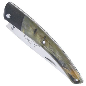 Couteau le Thiers Laguiole Arbalète Double Platines Manche Croute de Bélier Mitre Ebène