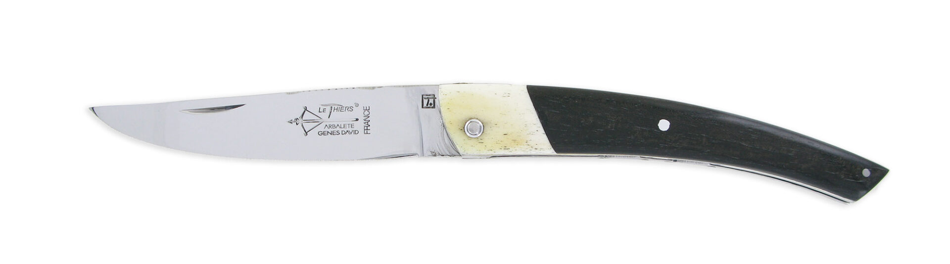 Couteau le Thiers Laguiole Arbalète Double Platines Manche Ebène Mitre OS