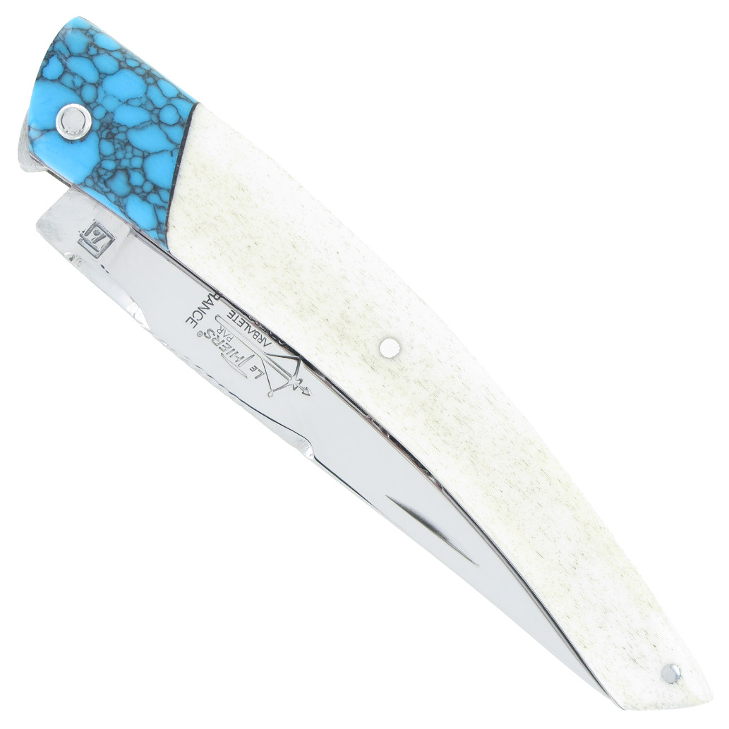 Couteau le Thiers Laguiole Arbalète Double Platines Manche Os de Chameau Mitre Turquoise