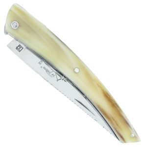 Couteau le Thiers Laguiole Arbalète Double Platines Plein Manche Pointe de Corne Blonde