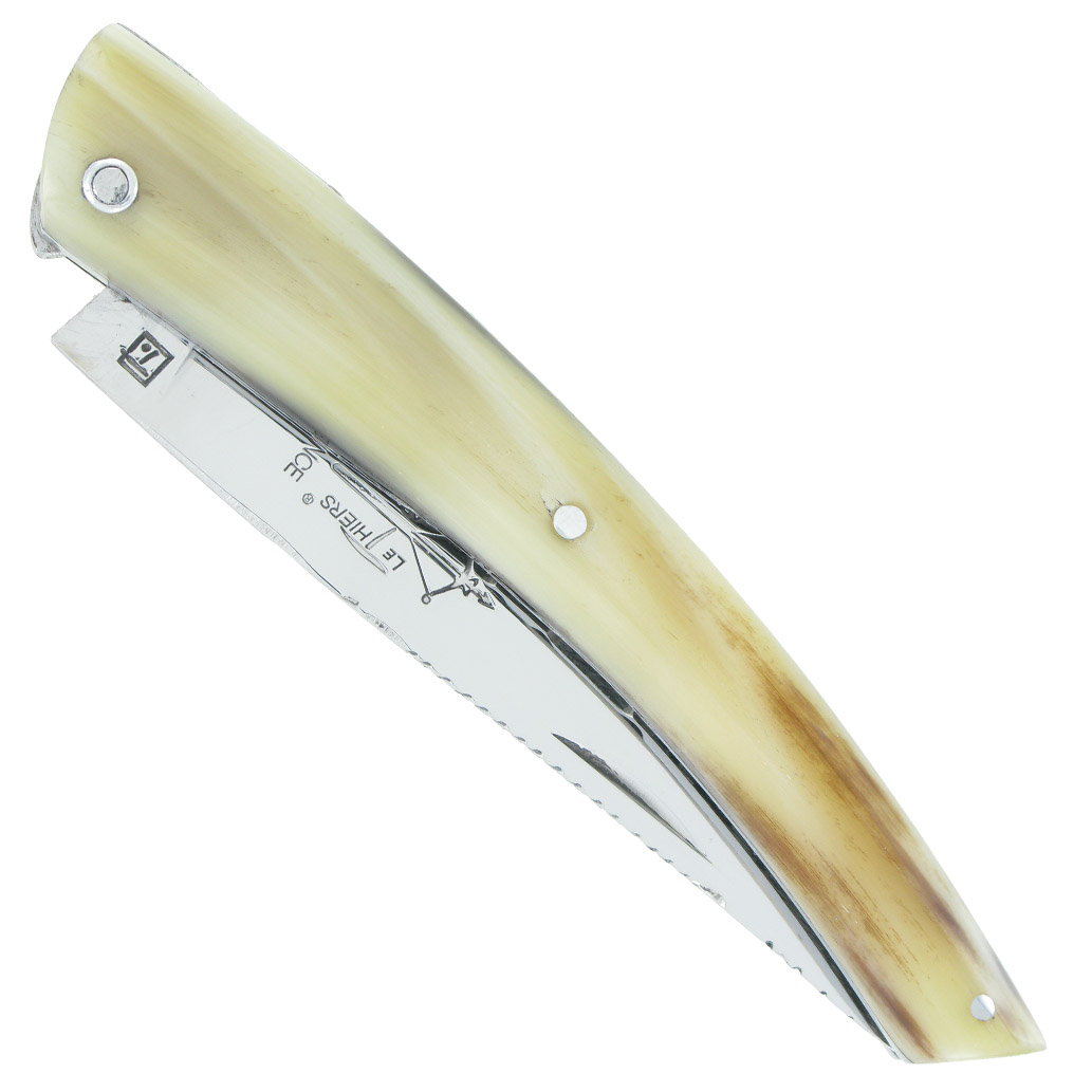 Couteau le Thiers Laguiole Arbalète Double Platines Plein Manche Pointe de Corne Blonde
