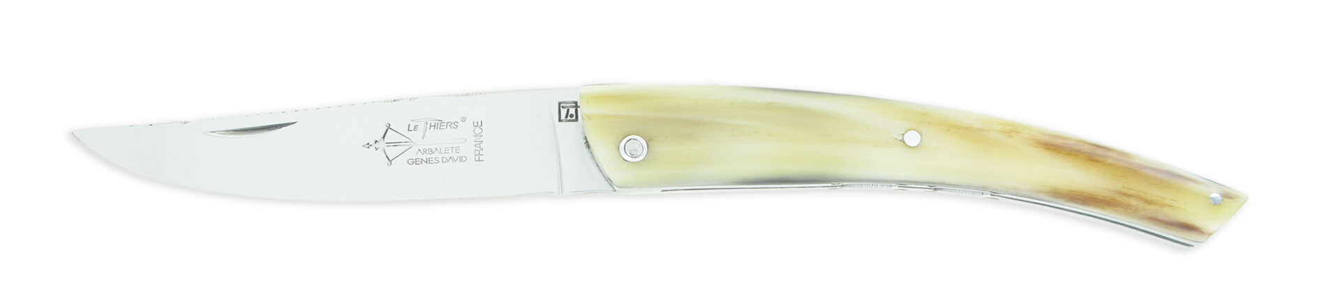 Couteau le Thiers Laguiole Arbalète Double Platines Plein Manche Pointe de Corne Blonde
