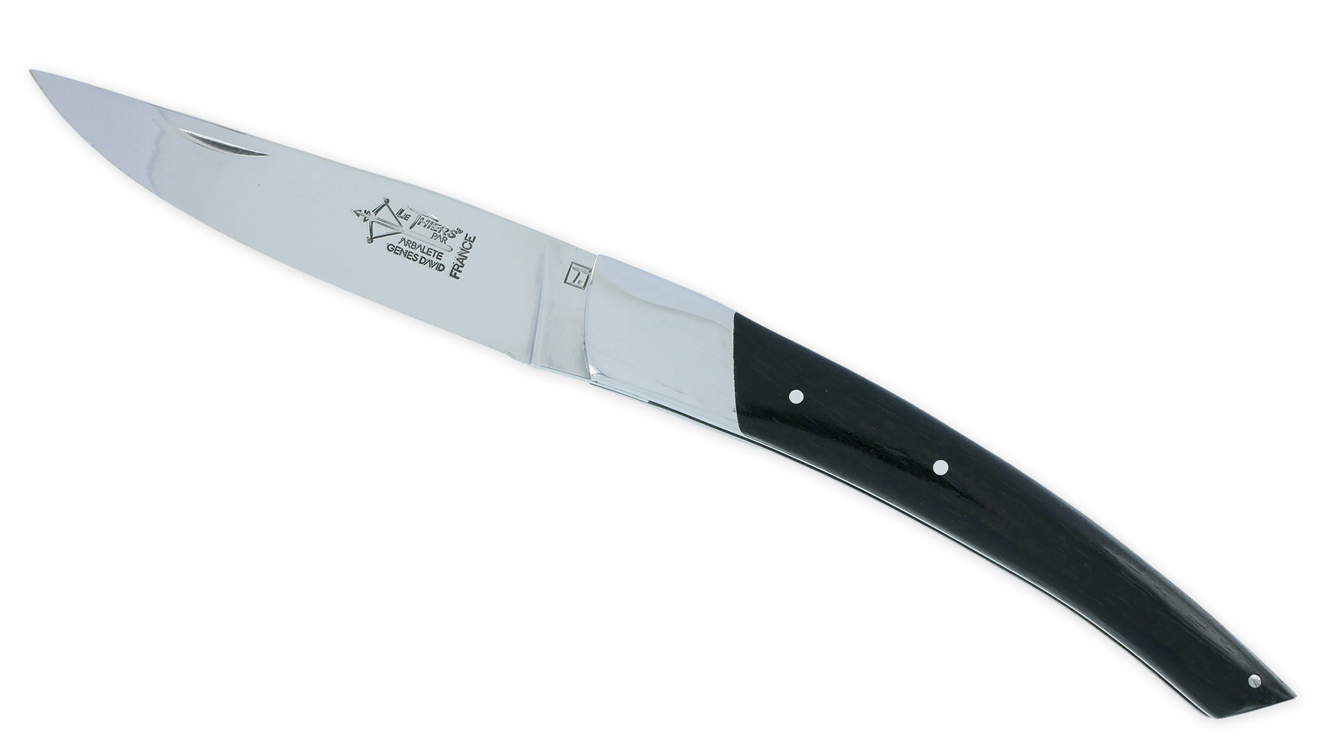 Couteau le Thiers Laguiole Arbalète Manche Ebène Ressort Guilloché 1 Mitre 12 cm Finition Brillante