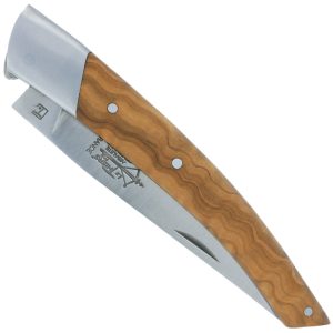 Couteau le Thiers Laguiole Arbalète Manche Olivier Ressort Guilloché 1 Mitre 12 cm Finition Brossée
